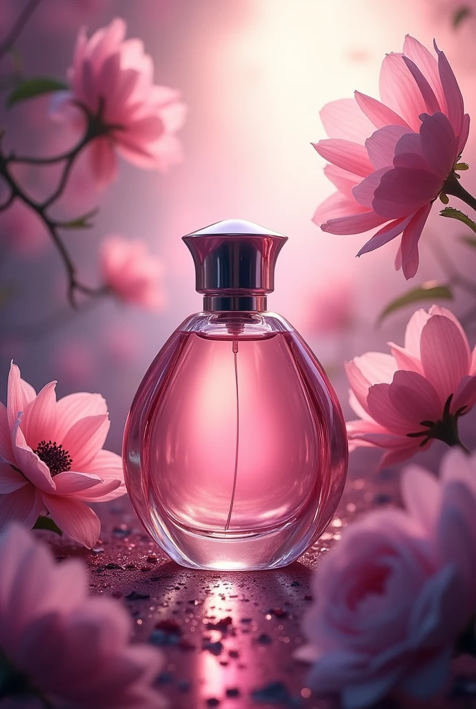 Create me a poster of a attractive and eye catching perfume bottle without name on it for launching new perfume in the market. The background needs to be muave pink and muave floral which expresses a intense yet girly scent