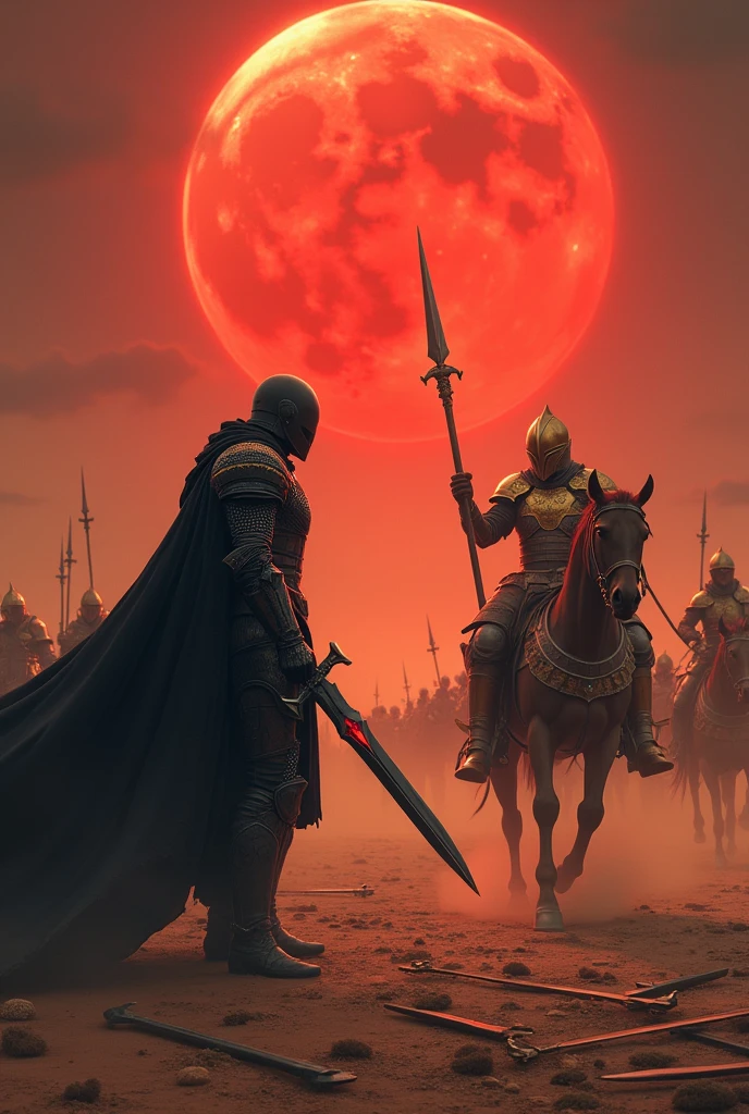 Create the image of a man in dark armor with details in the shape of metal bones with a black sword with a red crystal in the middle fighting a paladin in light armor on a horse with golden armor with an electric spear in a place with many weapons swords on the ground and the two have a fleet of enemies with them facing each other in a dark desert and with an eclipse of blood over them.