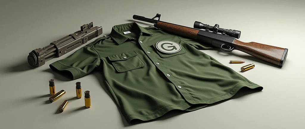 Make a green shirt on the floor with a "g" in the right corner of the chest with a rifle next to it with some ammunition of the same around it 