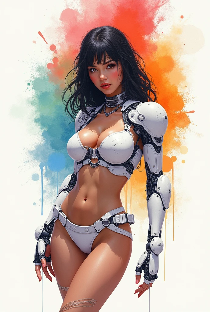 Beautiful girl in cyborg costume,Big breasts,sexy,charming,Seductive(Very bright:1.1), white background, [1 girl:7], (tilt your head:1.2), ([draft|watercolor \(moderate\)]:1.15), (Inc. Blot:1.1), (pale:1.2), chaotic abstract background, Vector traces, Mixed gradient, bright colors, Excellent, very detailed, complicated, (Very low contrast:1.4)