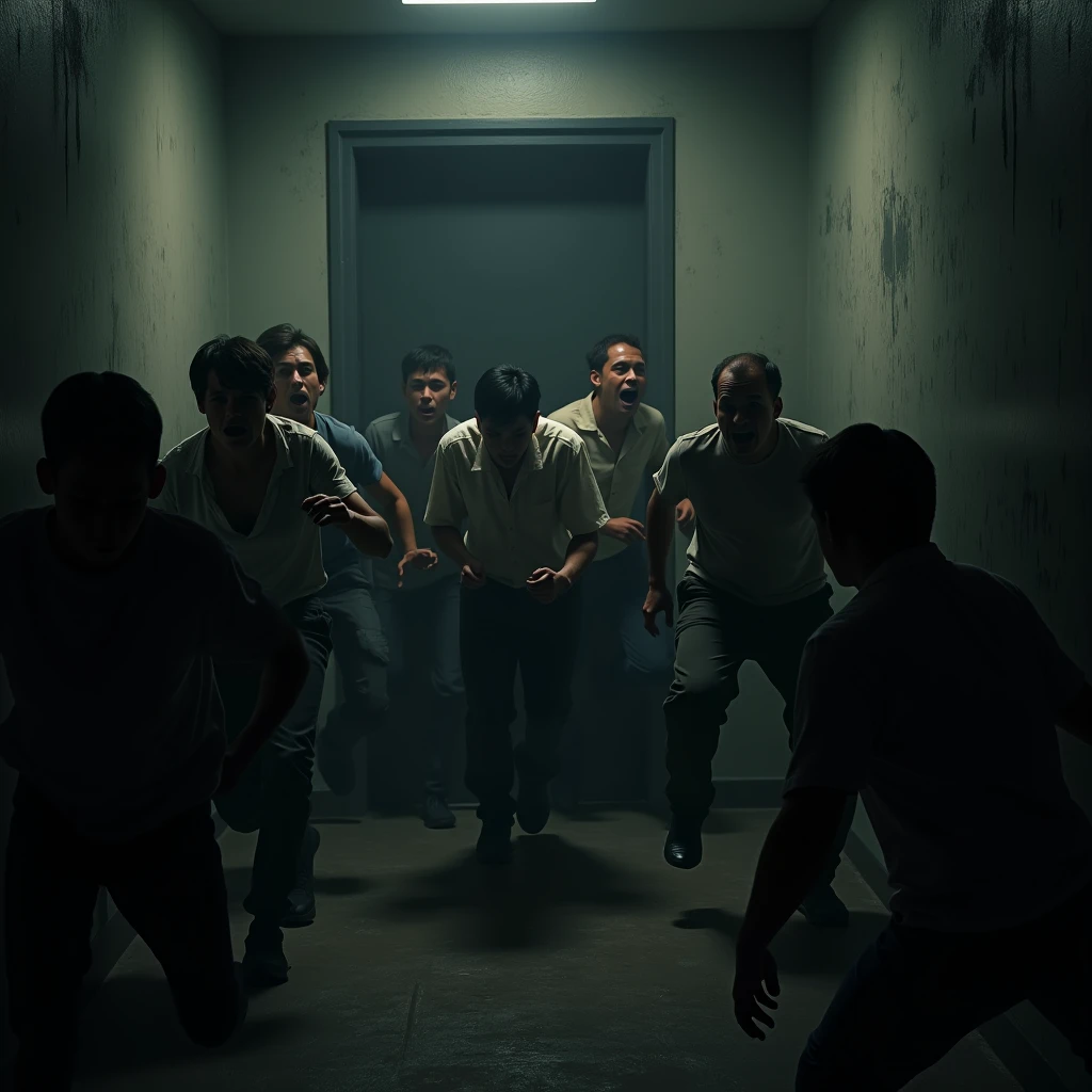 A group of people rush towards the door in fear, but the door is firmly shut. The look of panic on their faces is clear. The darkness inside the room is getting thicker.