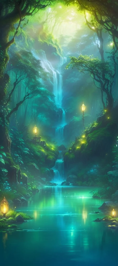 A painting of a forest with a waterfall and a stream, Enchanted Forest backround, Magical environment, enchanted magical The Jungle Book, Enchanted Forest, magical The Jungle Book, The Jungle Book, Mystical Forest Lagoon, magic Fairytale Forest, Full of fairy, The Jungle Book background, Enchanted Forest background, Fantasy Forrest Background, The Jungle Book landscape, Fantasy magic vegetation, Fairytale Forest, Enchanted Forest