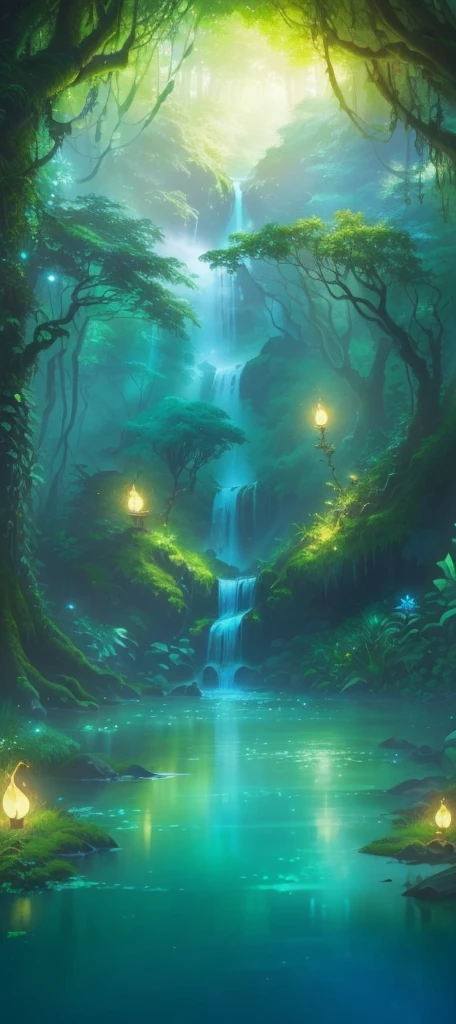 A painting of a forest with a waterfall and a stream, Enchanted Forest backround, Magical environment, enchanted magical The Jungle Book, Enchanted Forest, magical The Jungle Book, The Jungle Book, Mystical Forest Lagoon, magic Fairytale Forest, Full of fairy, The Jungle Book background, Enchanted Forest background, Fantasy Forrest Background, The Jungle Book landscape, Fantasy magic vegetation, Fairytale Forest, Enchanted Forest