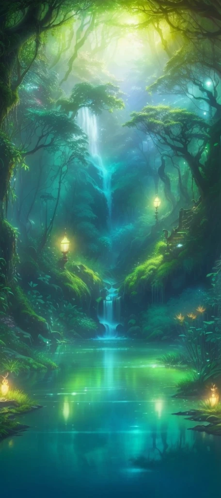 A painting of a forest with a waterfall and a stream, Enchanted Forest backround, Magical environment, enchanted magical The Jungle Book, Enchanted Forest, magical The Jungle Book, The Jungle Book, Mystical Forest Lagoon, magic Fairytale Forest, Full of fairy, The Jungle Book background, Enchanted Forest background, Fantasy Forrest Background, The Jungle Book landscape, Fantasy magic vegetation, Fairytale Forest, Enchanted Forest