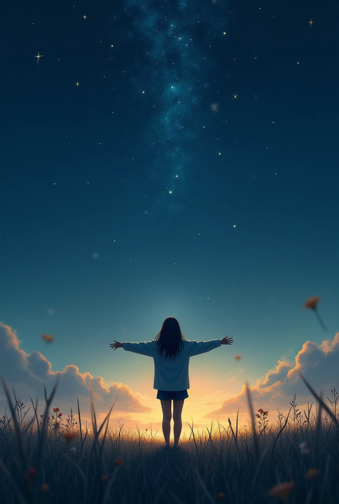 To illustrate this poem, I suggest a scene that conveys the search for dreams and the fascination with the stars. 

Imagine a human figure, standing backwards, in an open field at night. She is stretching her hand towards the sky, trying to reach bright stars that are very far away. Stars can be represented smoothly, with a diffuse glow, creating a contrast with the darkness of the sky. The field can be subtly illuminated by the brightness of the stars, with details like some flowers or grass that sway gently in the wind.

The image should convey a sense of hope, aspiration and the beauty of the impossible, aligning with the tone of the poem.
