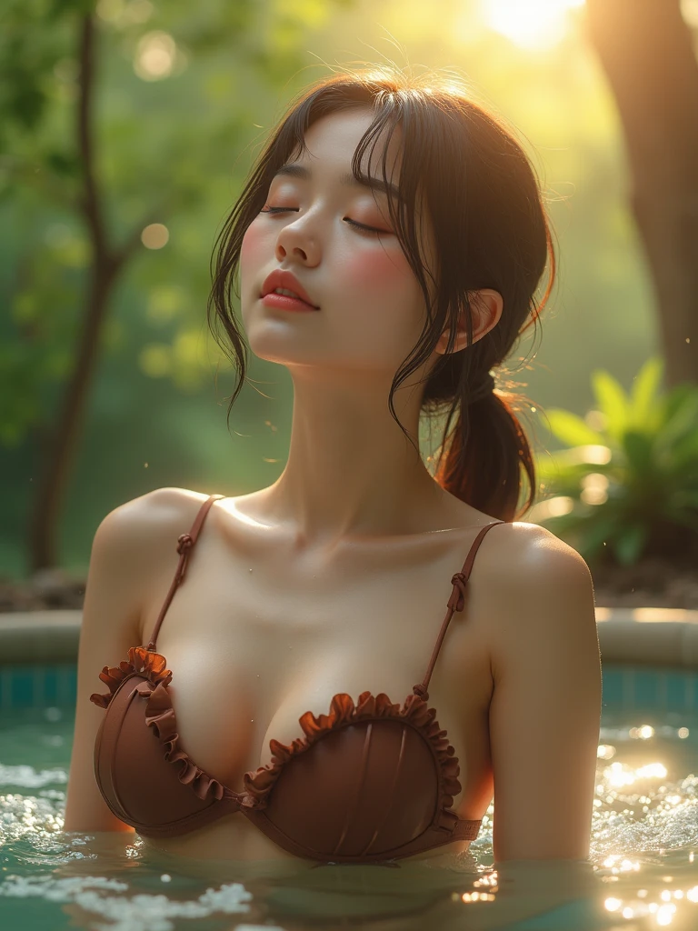 High resolution, masterpiece, Highest quality, one person, Japanese, Cute face、Look up at the sky、Close ~ eyes、Black Hair, bob cut ponytail Hair, brown frill bikini、Large Breasts, Sweat、Wet Hair、Wet body、Beautiful oak forest、The background is a beautiful oak forest.、Sleeping in an infinity chair、Background blur, Lens flare, movie,