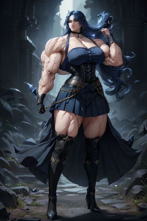 (((Massive tall, beautiful, buff, pale skinned skinned muscular woman with royal blue hair, black lipstick, ginormous bulky muscles, winds blowing and wearing a royal blue pleated shirt with beautiful long pleated skirt))), ((close view)), massive muscles, long curly long hair, white eyes, choker, ((royal blue pleated shirt and tie)), neck tie, ((beautiful long pleated skirt)), belt, thigh high socks, black boots, (Dark and moody universe:1.3), (in front of a disaster), closed smile, night, massive arms