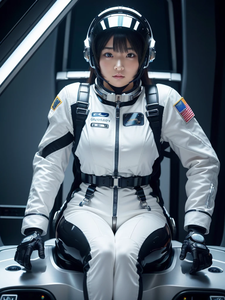 masterpiece, Highest quality, Very detailed, Japanese Android girl, Beautiful 2 Japanese woman, Plump,Slightly thicker,Control panel,Android,cyborg,Blunt bangs,Sitting in the cockpit and piloting,Silver space suit,Thick harness belt,Full-face helmet