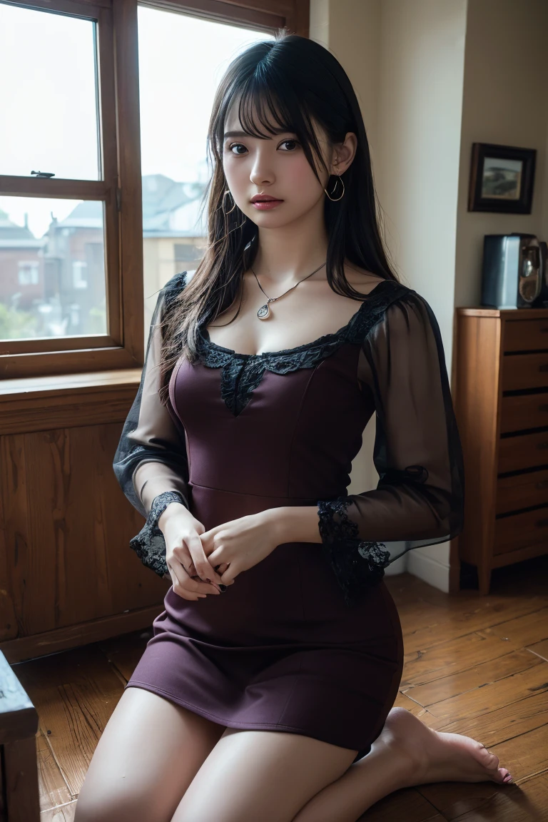 (Highest quality:1.4),(masterpiece:1.4),(Realistic:1.4),(Realistic:1.2),(超High resolution, RAW Photos:1.4),(High resolution, Ultra-detailed:1.2),(8k:1.2),View your viewers,Cinematic photography,One person,skeletally correct,Black-haired woman,Woman in her early 20s,(Small earrings,necklace,Brown dress with voluminous sleeves),(Western-style building interior,Dimly lit room,The lamplight shines on my cheeks,kneel)