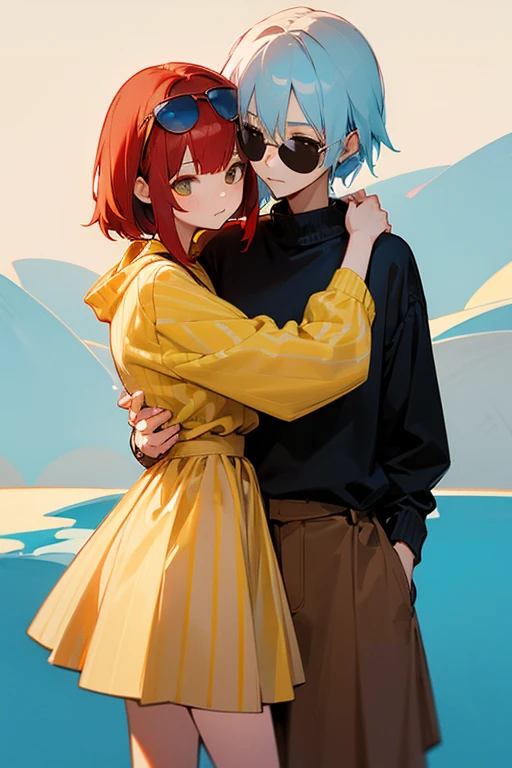 Red haired girl wearing a yellow striped dress hugging white haired girl wearing a black sweatshirt while light blue haired girl wearing sunglasses and a brown skirt 