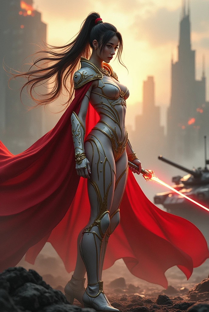 illustration futuristic, with precious metal adorning, epic intricately sculpted and delicate, hollow inside, ethereal lights within, white and gold, dynamic pose, a female Asian cyberpunk wearing long red cape with hood, holding a futuristic laser Saber, standing ing in confident battle's posture, a futuristic battle Tank in ruins, dystrophian city in smoke and fire in background, city high octane, 4k render, dramatic lighting.