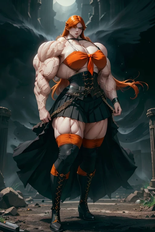 (((Massive tall, beautiful, buff, pale skinned skinned muscular woman with orange hair, black lipstick, ginormous bulky muscles, winds blowing and wearing a orange pleated shirt with beautiful long pleated skirt))), ((close view)), massive muscles, long shaggy hair, green eyes, choker, ((orange pleated shirt and tie)), neck tie, ((beautiful long pleated skirt)), belt, thigh high socks, black boots, (Dark and moody universe:1.3), (in front of a disaster), closed smile, night, massive arms