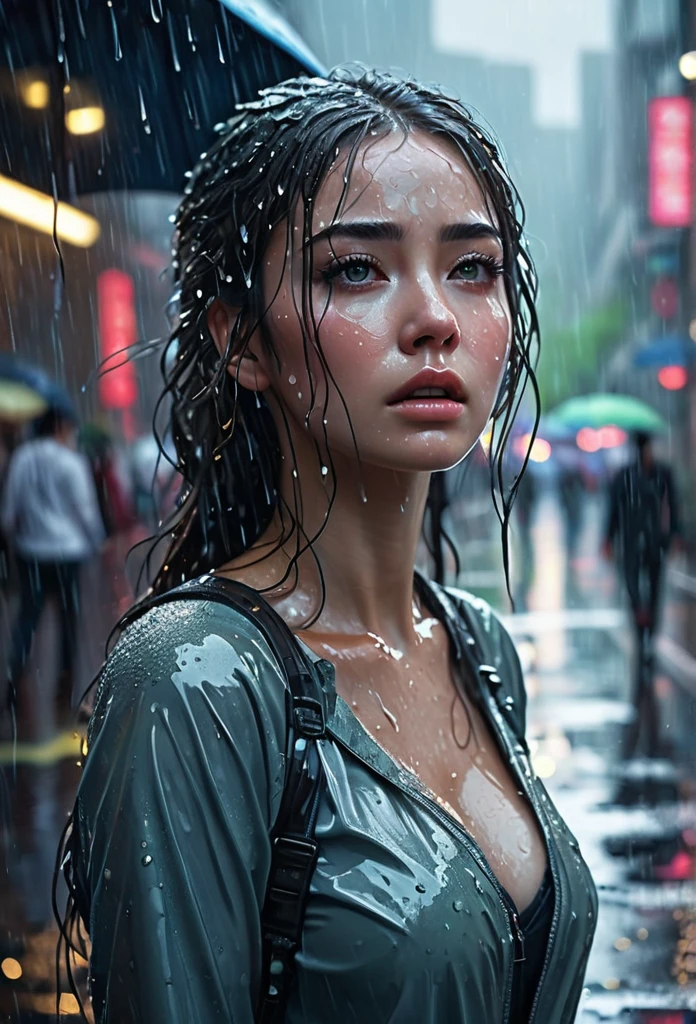 (Masterpiece at maximum 16K resolution: 1.6), (intricate details: 1.4), (extremely insane details: 1.4), (highest quality: 1.3), (hyper_realistic: 1.3 ). Woman looking at the sky, deep emotions, tears running down her face, soft raindrops, fresh vegetation, shiny wet pavement, expressive eyes, pensive expression, sadness, delicate features, long flowing hair, wet clothes, ethereal atmosphere, misty atmosphere , moody lighting, dramatic composition, subtle shadows, emotional charge, melancholic atmosphere, vibrant colors, soft color palette, rainy day aesthetic, raw beauty, moving moment, captivating composition, pain and vulnerability, contrast of beauty and sadness, drops of rain tracing eyelashes and cheeks, loneliness in the crowd, defining moment in your life, hope lingering in your eyes. , (((More_Details))).