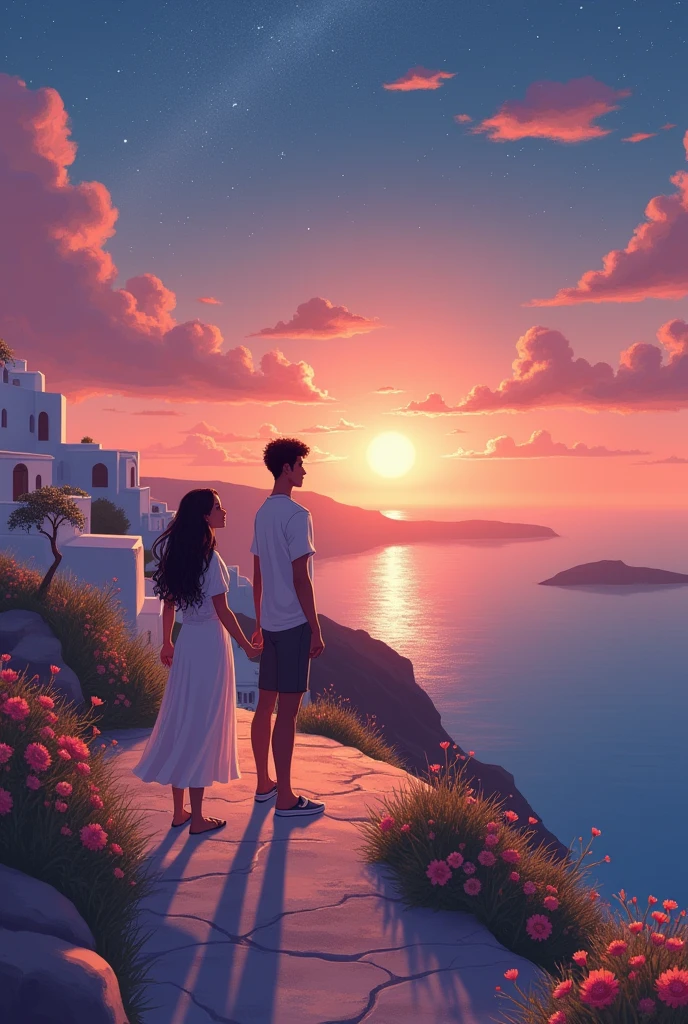 The image shows Liv(SHE DOESN&#39;T WEAR A DRESS) and Theo standing on a cliff in Santorini at sunset. Liv, with a calm expression,  Theo, Next to you, smile encouragingly. Ao fundo, there is a mystical vision of Atlantis. They are holding hands. over the horizon, a trail is formed, suggesting the future Liv chose, as flowers bloom along the way, symbolizing new possibilities. With stars in the sky. SHE DOESN&#39;T LIKE DRESSES. Theo he is black with curly hair