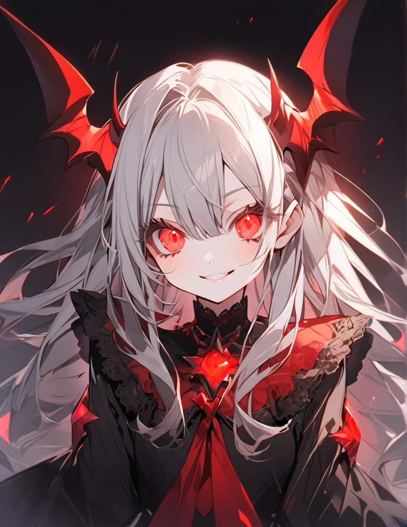 Afterglow Eyes Wicked Smile Battle Demon King Goth Girl (Young girl:1.5)Small breasts(Small body:1.5)Silver Hair (Long Hair:1.4)(eye shadow:1.3)(eyelash:1.2)Afterglow(Red glowing eyes), (Big Hair) Original costume dress(fringe)(Details about Strand), (Black background)Wicked Smile Battle Demon King