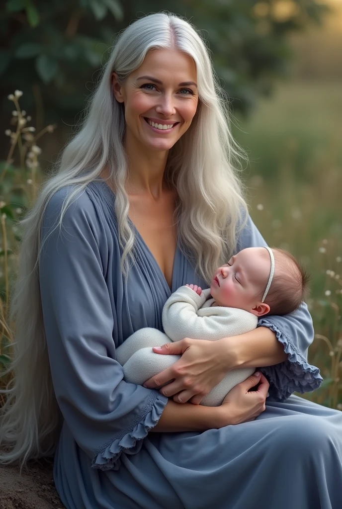 Realistic photo of woman with long white hair, from age to 45 years,wearing a dark blue and lilac long-sleeved flowing dress,wearing a headscarf covering her hair smiling with a on her lap