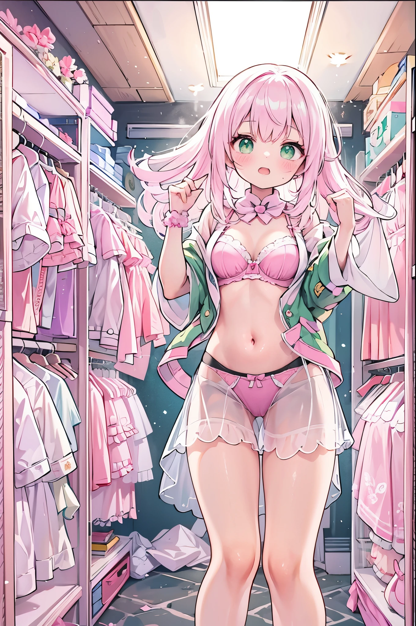 ((Highest quality, 8k, masterpiece: 1.3)), whole body,1 personの,1 person,,Glamorous Body,cute,Troubled face,Black Hair,Beautiful emerald green eyes,long hair,Stand in front,((In front of the clothes rack)),(((Pastel pink bra,Pastel pink panties,Scanty))),Morning sunshine,Inside the room,