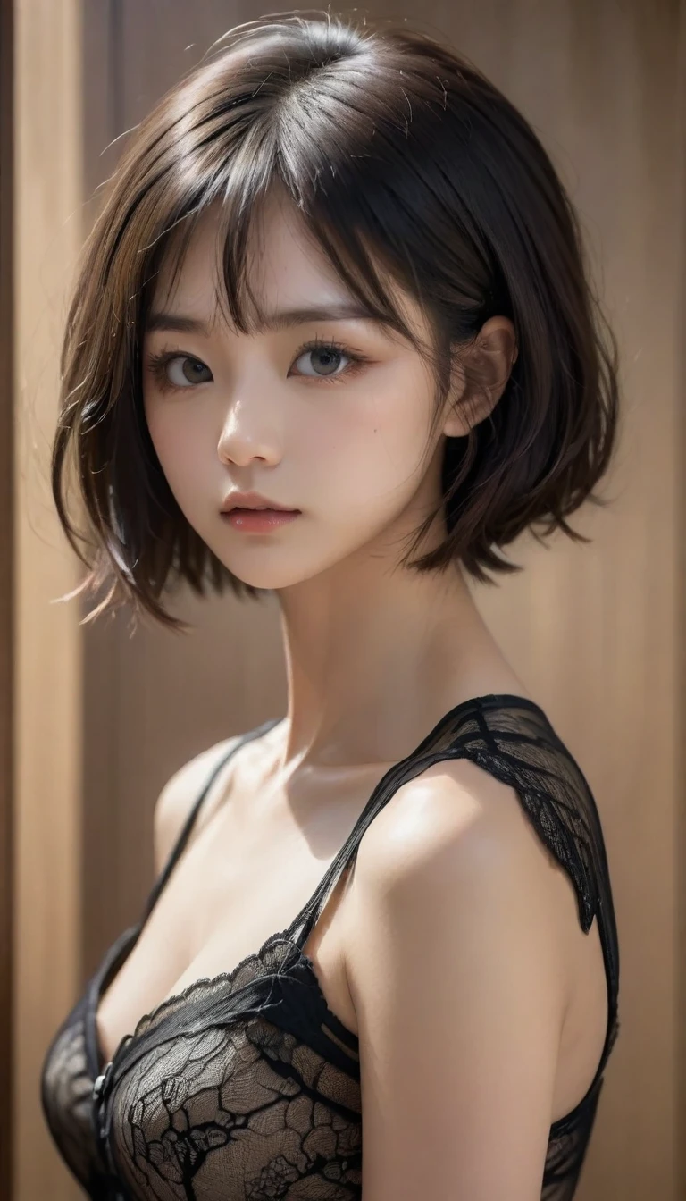 8k, Ultra-high resolution, Highest quality, masterpiece, Rule of thirds photograph,surreal, photograph, 1 Girl, (:1.3), pretty girl, Cute Face, Beautiful eyes in every detail, Detailed,masterpiece,One Girl:1.2,Japanese female announcer,cowboy shot,Serious expression,Black short hair,Bob with bangs,Black Lace Lingerie, See through, Look forward, Standing posture, Opposition, Dynamic Lighting, Sharp contours, Light from above, Low contrast, (Side view),Perfect and beautiful face ,Perfect and cute face, Skin with attention to detail, Perfect limbs、Narrow waist,Looking at the audience,(((Ideal body type))),A cup small breasts :2,Portraiture:2,Perfect Anatomy,Vividly detailed,detailed,surreal,Light and shadow,glowing