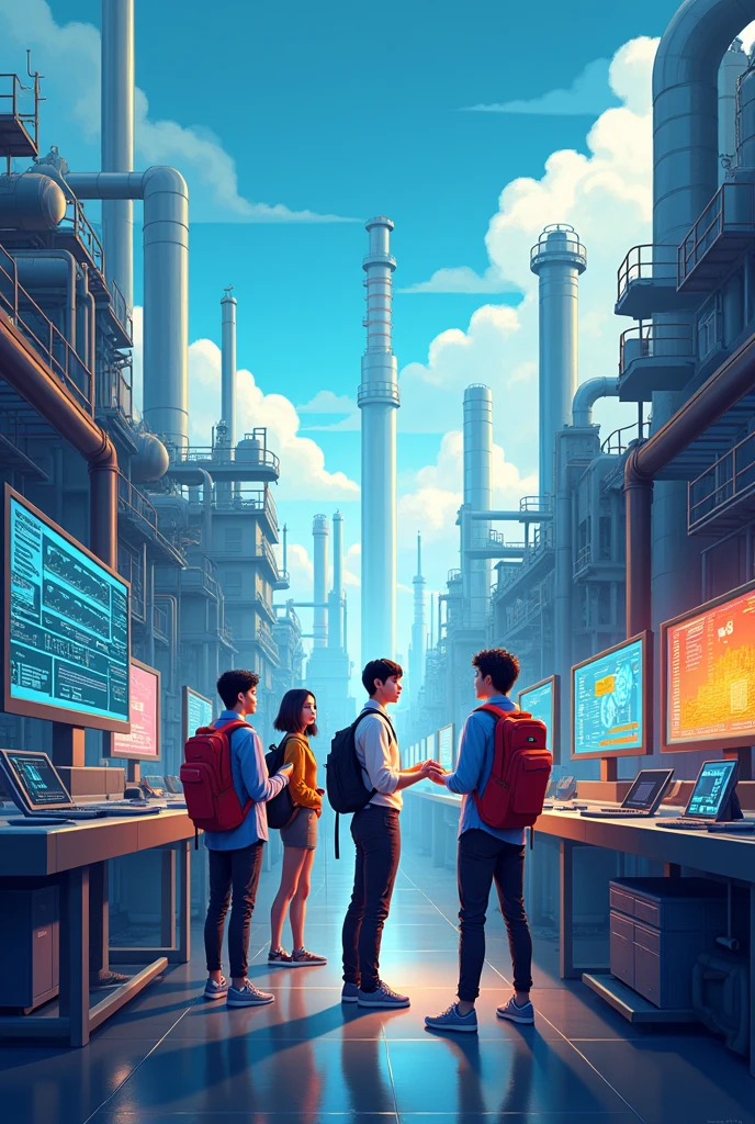 Help me create an image that represents a research group called SER INDUSTRIAL.
which is made up of young university students from the industrial engineering career.
Use something like factories as things that represent industrial engineering