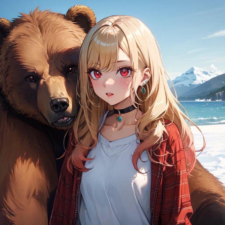 Brown bear and, Brown Bear, Kitagawa Marine, The background is snowy mountains, One girl, Blonde Hair, Long Hair, Multicolored Hair, Red eyes, jewelry, Earrings, Earrings, Black choker, uhd, retina, masterpiece, ccurate, anatomically correct, textured skin, super detail, high details, high quality, best quality, highres, 4K