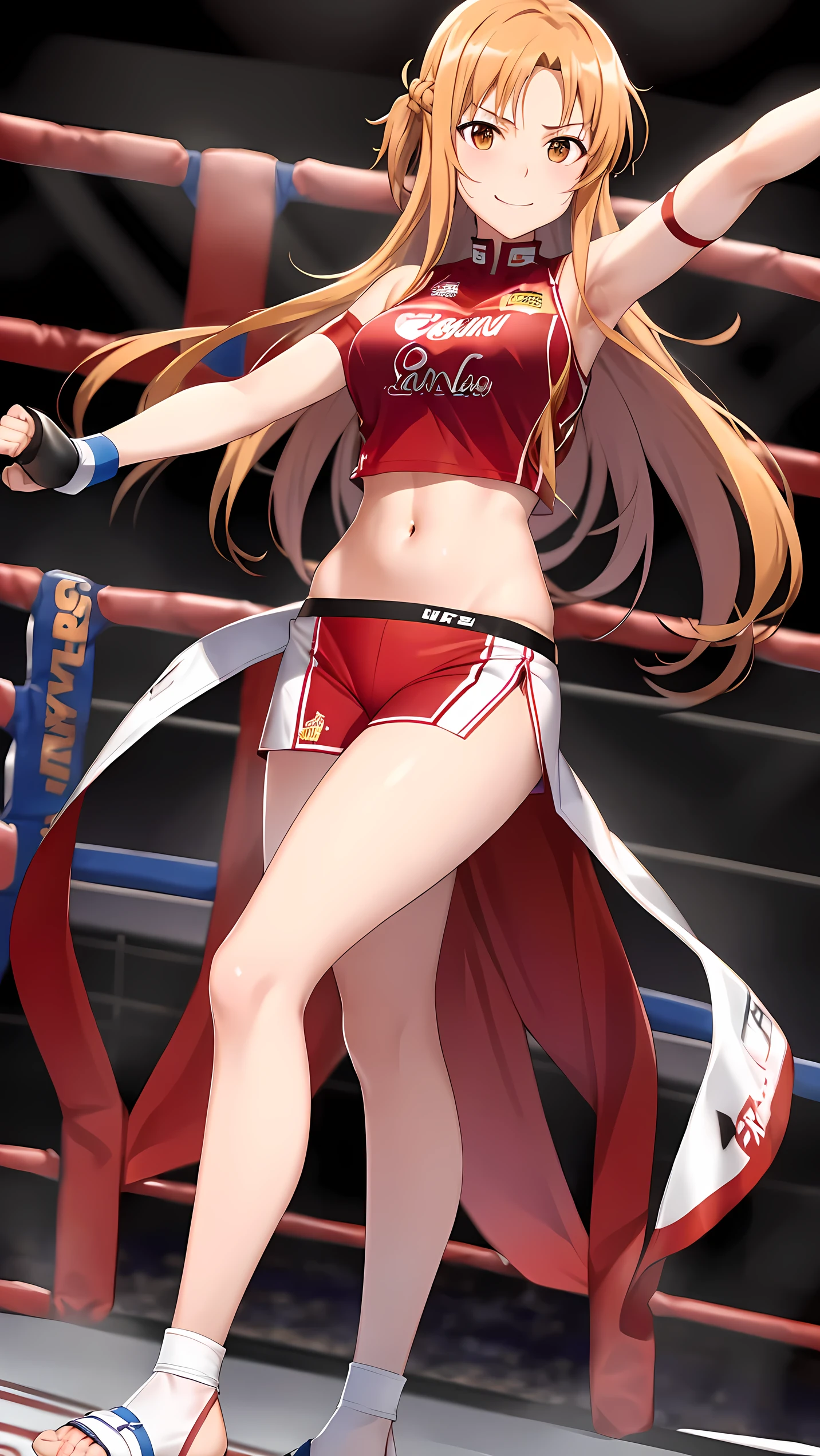 Asuna yuki(Sword Art Online), Dynamic Angle, Long bronze hair,Braiding,Brown eyes,Detailed eyes,Large bust line,(wearing MMA uniform:1.5, thigh, belly button), Roll Forward,Genuine,Her slim legs are really cute.,Very beautiful long legs, Perfect body,Genuine,(Independent),Fighting Pose,(on MMA Arena :1.5),Smirking, From below,winner,Ultra HD,Detailed eyes,Detailed face,Full Body,