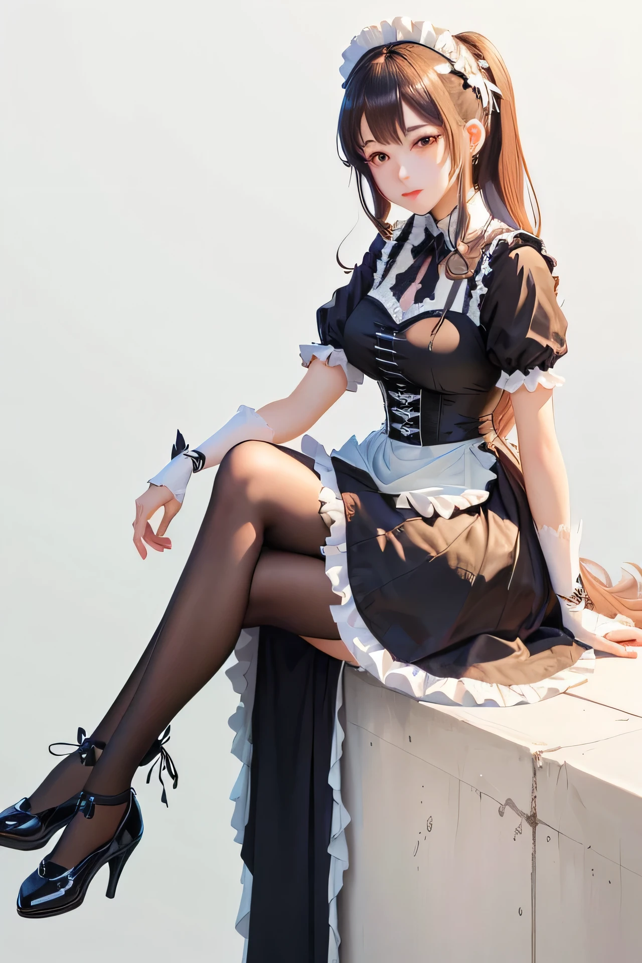 anime - style image of a woman in a maid outfit sitting on a ledge, Guvez on pixiv artstation, anime girl in a maid costume, Guvez, Guvez on artstation pixiv, maid outfit, gorgeous maid, in a dress, by Shitao, Digital art on pixiv, maid,