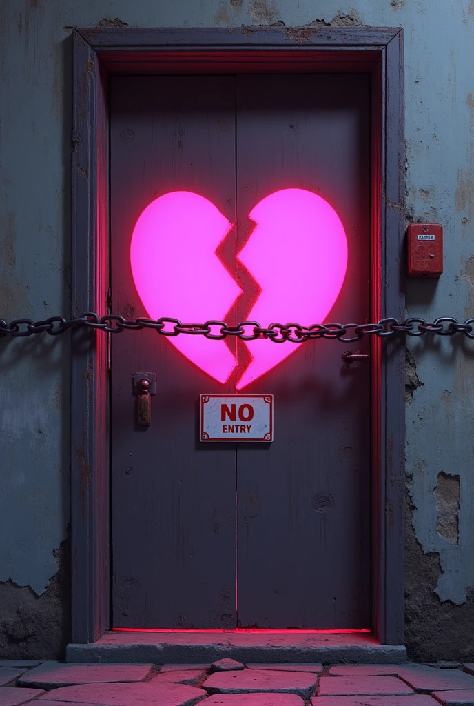 chained off, with a sign saying no entry, inside is a pink broken heart shaped mark, conceptual installation art, (ultra detailed, absolutely resolution, best quality:1.3), 2.5D, delicate and dynamic effects, artistic, hyper, graphic CG digital art, (anime manga cartoon illustration)-style