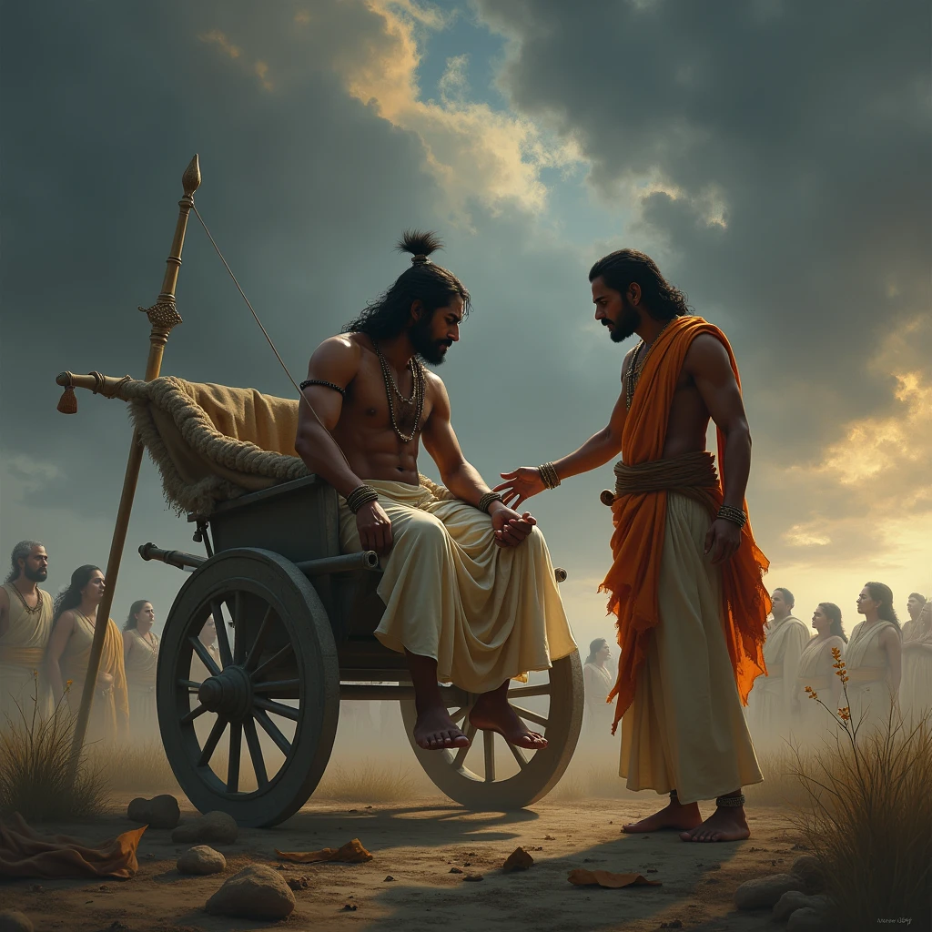 Arjuna sits solemnly in his chariot, his expression filled with deep sorrow and inner conflict. His bow is lowered, reflecting his reluctance to fight. Surrounding him on the battlefield are ethereal images of families—women, children, and elders—fading into the mist, symbolizing the destruction of the family lineage. Krishna stands beside Arjuna, his hand gently resting on Arjuna's shoulder, his face calm yet compassionate. The sky above is dark and ominous, with swirling clouds that mirror Arjuna's turbulent emotions. The ground is scattered with broken symbols of tradition, such as torn banners and shattered ancestral crests, highlighting the devastating consequences of the impending war