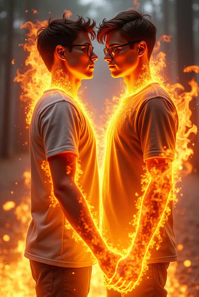 Create a picture of two agers who are completely covered in flames one boy has dark brown hair is 1 and wears black glasses the other is and has brown hair and no glasses they should look german and wear casual clothes