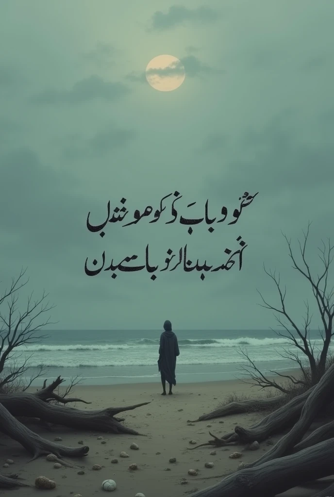 create a sad beach background and write in Urdu language on it ""Now it will be what the heart says, later what will happen will be seen""