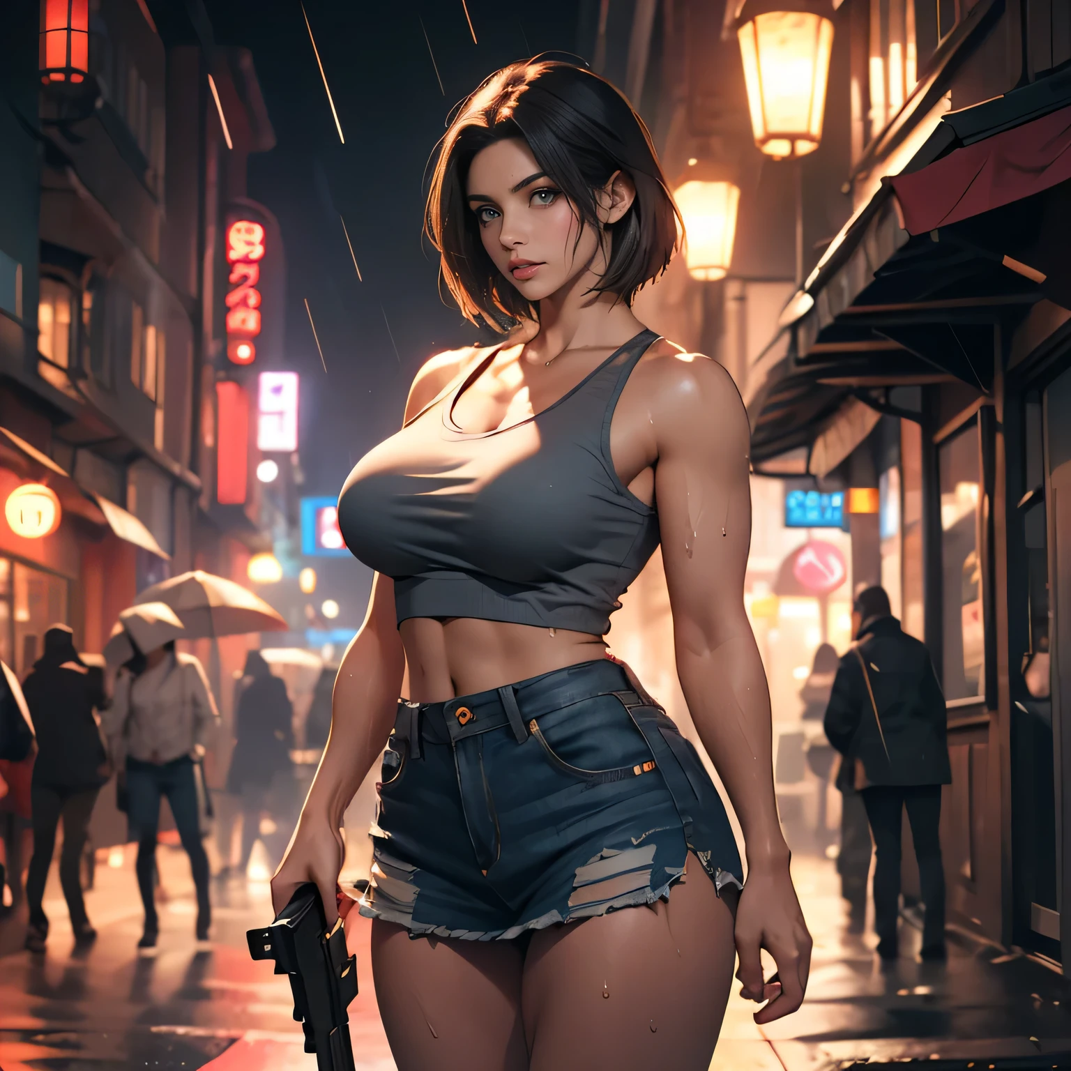 Pretty Caucasian (female), Sarah Shahi, a slim but muscular body, huge breasts, dark brown messy hair, blue eyes, Jill Valentine look, short hair, blue tank top, torn clothing, denim micro miniskirt, huge breasts, exposed beautiful thighs, slim waist, wide hips, high waist, serious expression, hard nipple, breasts about to burst of her clothing, Resident Evil, zombie apocalypse background, at night, rain, wet clothes, Holding a rifle in both hands, best quality, masterpiece, intricate details, tone mapping, sharp focus, hyper detailed, trending on Art station, realistic, (looking at viewer:1.3)