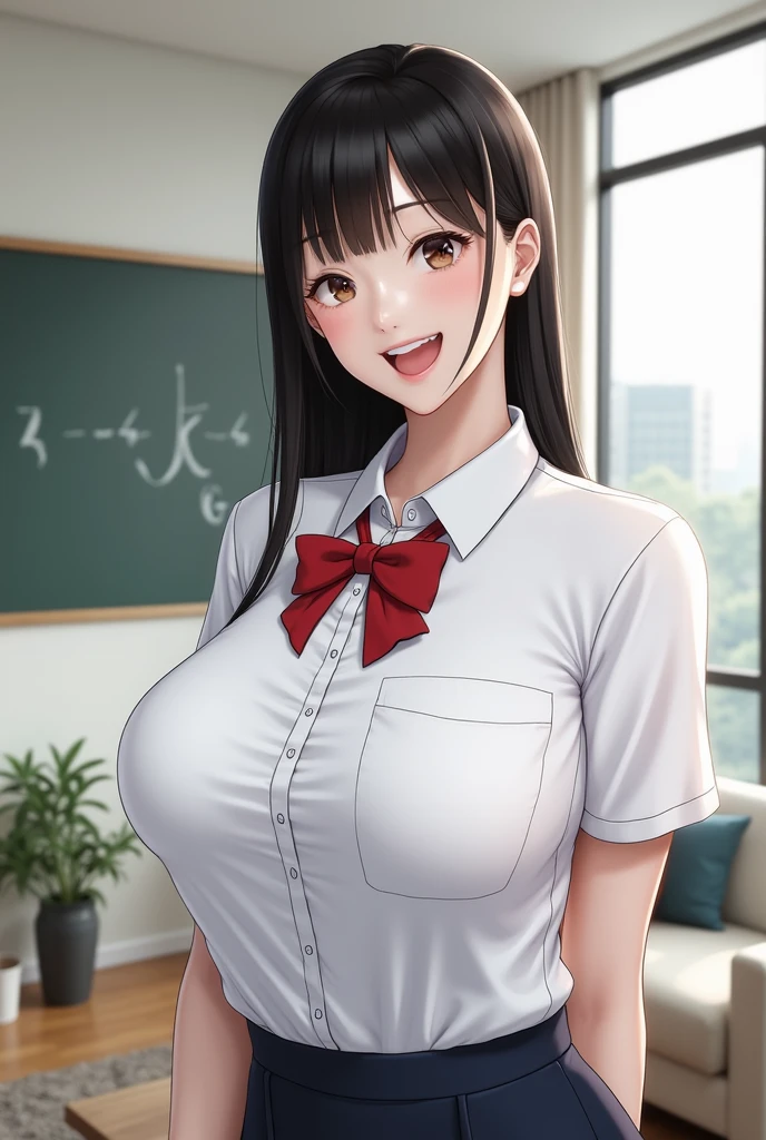 (超High resolution,4K,Very detailed, photograph, 8k, High resolution, High resolution, Absurd:1.2),Japanese ,Long black hair,Blunt bangs,Beautiful character design,Beautifully detailed eye depiction,Perfect Face,Expressive eyes,Brown eyes,Smiling with teeth showing,(Huge breasts:1.4),(Deep Valley:1.4),(Tight waist:1.1),In the living room,Daytime,Bold Pose,Cowboy Shot