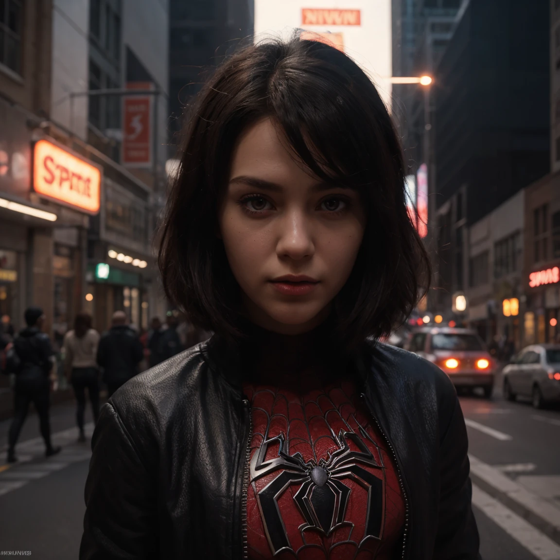 Mrs. Spiderman - Spider - Man and Spider - Man in a dark city, Spider-Verse Art Style, into the Spiderverse, Spiderverse, into the Spiderverse, Spiderman in a futuristic style, Thousands of morals!!!, 3840 x 2160, 3840 x 2160, Thousands of morals, HQ 4K wallpaper, rendered in sfm, Super detailed rendering