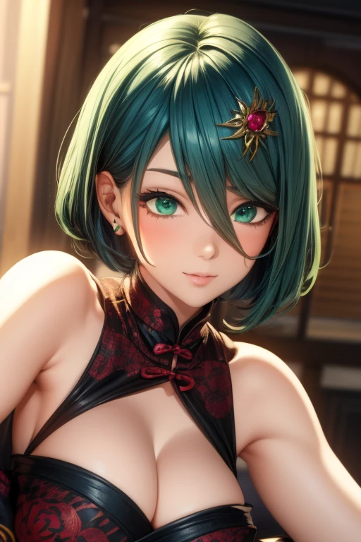 masterpiece,best quality,highly detailed,high resolution,4K,8K,super detailed skin,detailed beautiful eyes,detailed beautiful face,solo,DOA,Tamaki,official art,long eyelashes,dropping eyes,emerald green eyes,mole under eye, emerald green hair,short bob haircut,hairs between eyes,gigantic perky breasts,courtesan outfit,cleavage kimono,japanese hair ornaments,bare shoulders,
