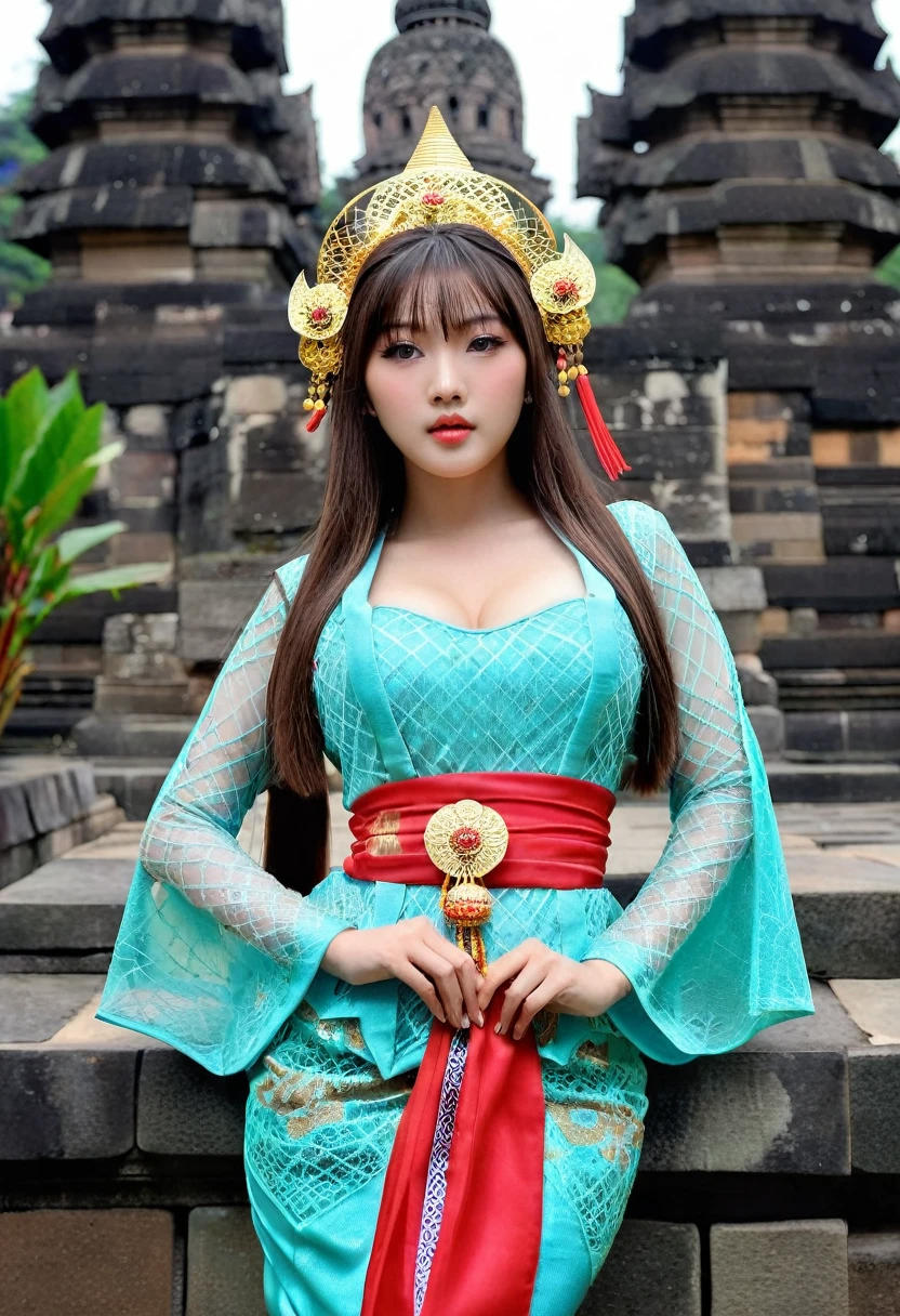 Young woman, korean, Korean idol, idol make up, brunette, bangs, pale skin, very long straight hair, idol face face, unbelievably beautiful face, big lips, large breasts, large butt, wide hips, Tiny Kebaya costume, cleavage, nervous look on face, full body, Borobudur temple setting,