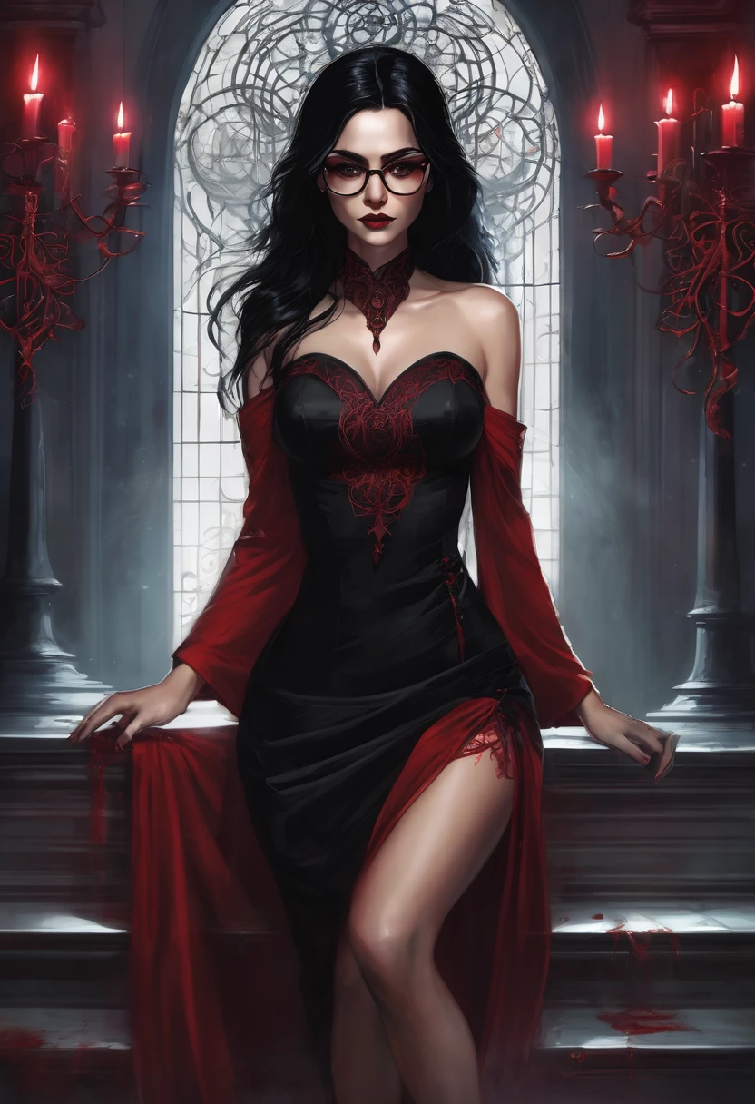 (good quality), (many details), (masterpiece), woman black hair (bob), vampire, short red dress (up to the knees) (black spirals on the dress), high heels, magic tattoo between the breasts (arcane sigil), blood witch, in a hall at night, glasses, style of Charlie Bowater