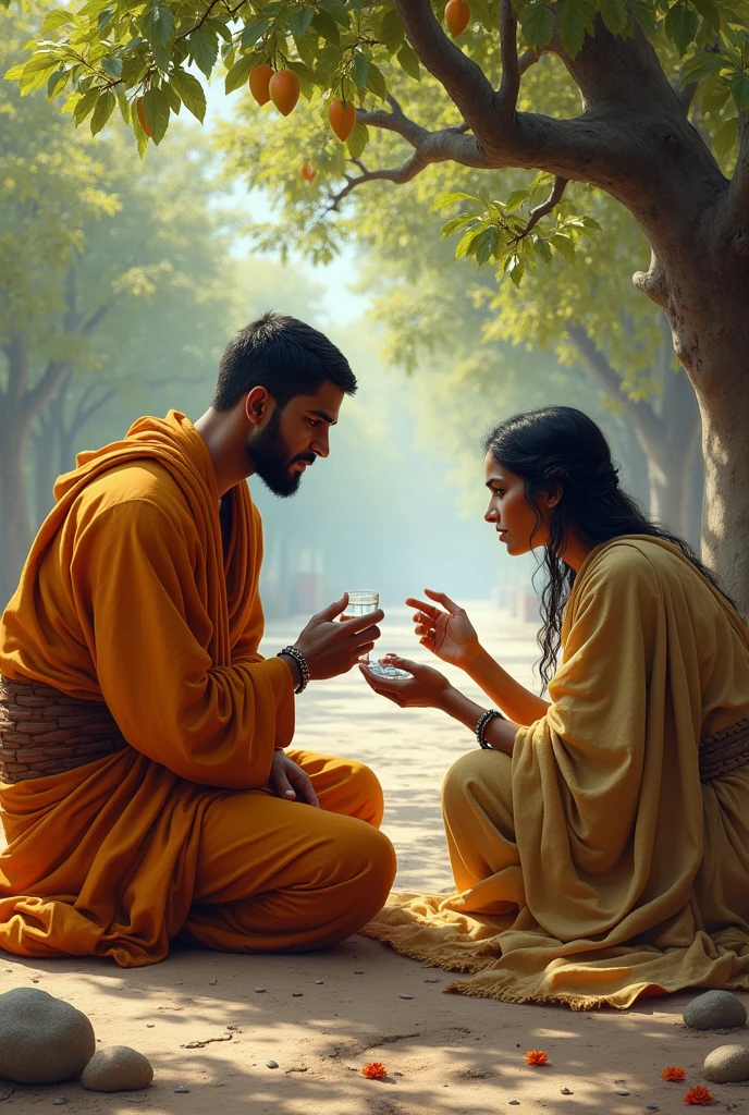 It is spring time in the old city of mathura in 3rd century BC. A young monk dressed in sage clothes is walking out of the city gates of Mathura and the streets are lonely.Trees are filled with blossom flowers and koels are sitting on the trees.Outside the city gates a mango groove is there. Under that tree, a woman is sitting and she is having small pox and looks ugly. The young monk sat down and placed the womann’s face on his lap and moistened her lips with water.