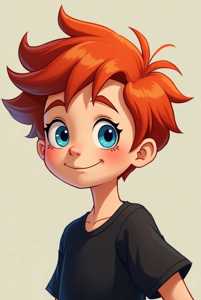 One with blue eyes and red hair in a black shirt, style cartoon 
