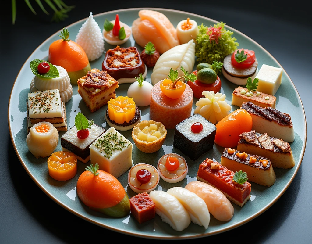 We need an image of a plate with 36 types of food placed at different places. High quality image.