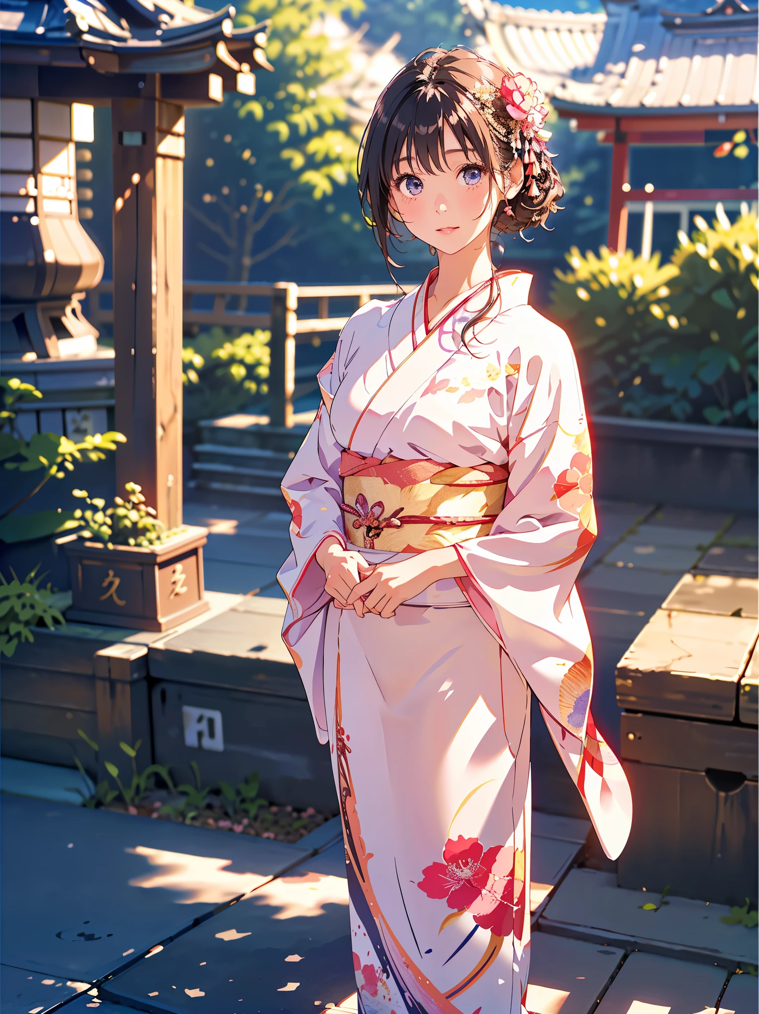 white kimono、pink Japanese pattern、(Furisode:1.5)、or、(top grade)、1 woman、、Full body Esbian、black haired、tie hair back、(realistic:1.7)、((best image quality))、absurd、(超A high resolution)、(Photoreal:1.6)、Photoreal、octane rendering、(超realistic:1.2)、(realistic face:1.2)、(8k)、(4k)、(masterpiece)、(realistic skin texture)、(enlightenment、movie lighting、wall-)、(beautiful eyes:1.2)、((((perfect face))))、(Cute face like an idol:1.2)、( Are standing)、shrine、Bird ready、(January)、detailed cute face、real beauty、laughter、