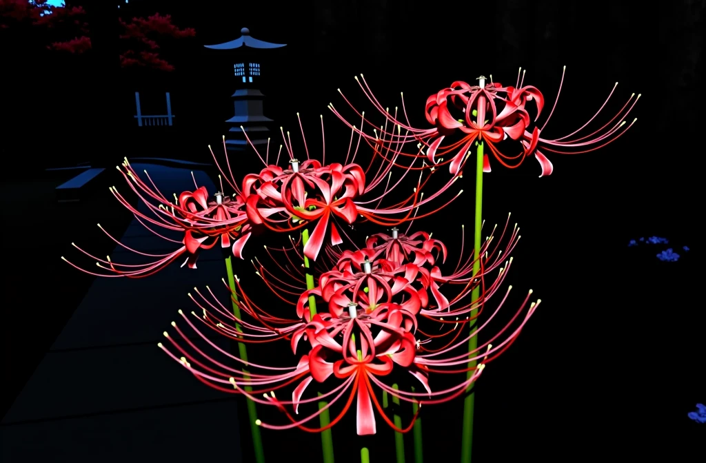 Create a stunning, high-resolution image of vibrant red spider lilies (Lycoris radiata) in full bloom, set against a captivating Japanese autumn landscape. Frame the scene to show a cluster of lilies in the foreground, with their entire structure visible from bulbs to flower tops.

Background elements:

A traditional Japanese garden path winding through the scene, made of stepping stones.
A small, arched wooden bridge over a narrow stream in the mid-ground.
Several Japanese maple trees with leaves in rich autumn colors (deep reds, oranges, and golds).
A traditional Japanese lantern (ishidōrō) placed near the path.
In the distance, the silhouette of a small Shinto shrine or temple.
Lighting and atmosphere:

Set the scene during the golden hour, just before sunset.
Warm, golden sunlight filtering through the trees, creating dappled light on the ground and flowers.
Long shadows stretching across the garden, adding depth to the scene.
Composition:

Use the rule of thirds, placing the main cluster of spider lilies in the lower left or right third of the image.
Allow the garden path to lead the eye through the scene towards the background elements.
Ensure a balance between the vibrant red of the lilies and the softer autumn hues of the surrounding landscape.
Technical details:

4K resolution (3840x2160 pixels)
High dynamic range (HDR) to capture the nuances of light and color
Shallow depth of field, with the lilies in sharp focus and background elements softly blurred
This image should evoke the serene beauty of a Japanese autumn garden, with the striking spider lilies as the focal point amidst a harmonious landscape.