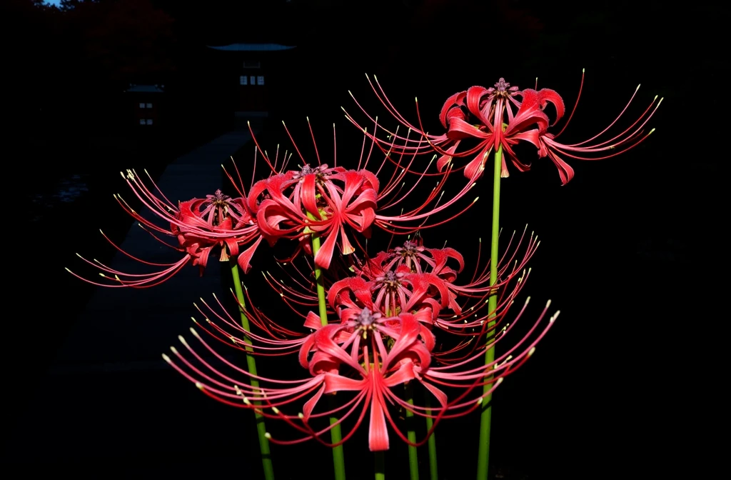 Create a stunning, high-resolution image of vibrant red spider lilies (Lycoris radiata) in full bloom, set against a captivating Japanese autumn landscape. Frame the scene to show a cluster of lilies in the foreground, with their entire structure visible from bulbs to flower tops.
Background elements:
A traditional Japanese garden path winding through the scene, made of stepping stones.
A small, arched wooden bridge over a narrow stream in the mid-ground.
Several Japanese maple trees with leaves in rich autumn colors (deep reds, oranges, and golds).
A traditional Japanese lantern (ishidōrō) placed near the path.
In the distance, the silhouette of a small Shinto shrine or temple.
Lighting and atmosphere:
Set the scene during the golden hour, just before sunset.
Warm, golden sunlight filtering through the trees, creating dappled light on the ground and flowers.
Long shadows stretching across the garden, adding depth to the scene.
Composition:
Use the rule of thirds, placing the main cluster of spider lilies in the lower left or right third of the image.
Allow the garden path to lead the eye through the scene towards the background elements.
Ensure a balance between the vibrant red of the lilies and the softer autumn hues of the surrounding landscape.
Technical details:
4K resolution (3840x2160 pixels)
High dynamic range (HDR) to capture the nuances of light and color
Shallow depth of field, with the lilies in sharp focus and background elements softly blurred
This image should evoke the serene beauty of a Japanese autumn garden, with the striking spider lilies as the focal point amidst a harmonious landscape.