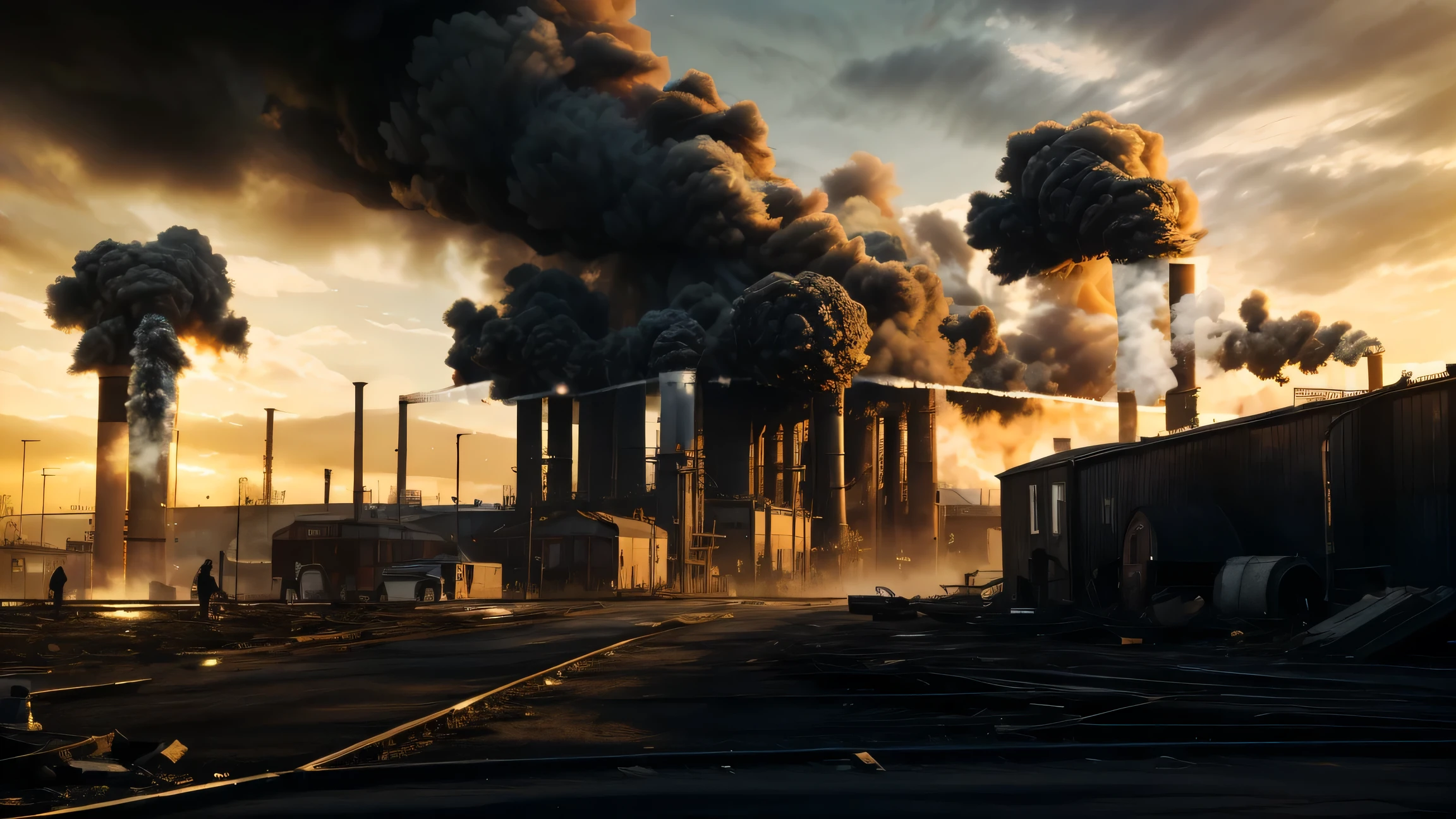 Generate a realistic photograph of the Industrial Revolution, focusing on a scene filled with multiple factories and smokestacks emitting heavy smoke and soot. The background should be dominated by large industrial buildings, while the foreground features small, poorly constructed houses representing the living conditions of the workers. The atmosphere should feel gritty and dense, with the air thick from the pollution, reflecting the harsh realities of that era