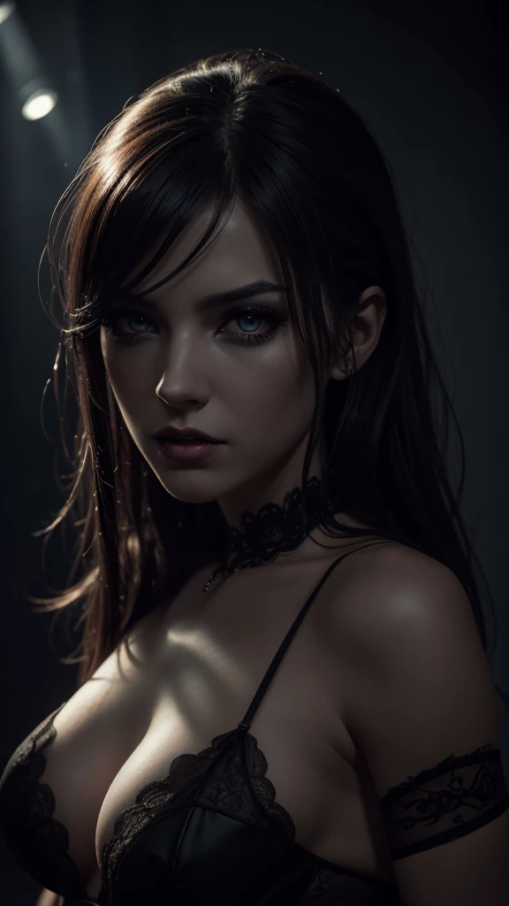 a sexy vampire girl in lingerie, extremely detailed eyes and face, long eyelashes, dramatic lighting, cinematic camera angle, dramatic shadows, moody colors, dark and sensual atmosphere, highly detailed, photorealistic, 8k, (best quality,4k,8k,highres,masterpiece:1.2),ultra-detailed,(realistic,photorealistic,photo-realistic:1.37),HDR,UHD,vivid colors,studio lighting,dark fantasy,gothic,chiaroscuro,dramatic pose