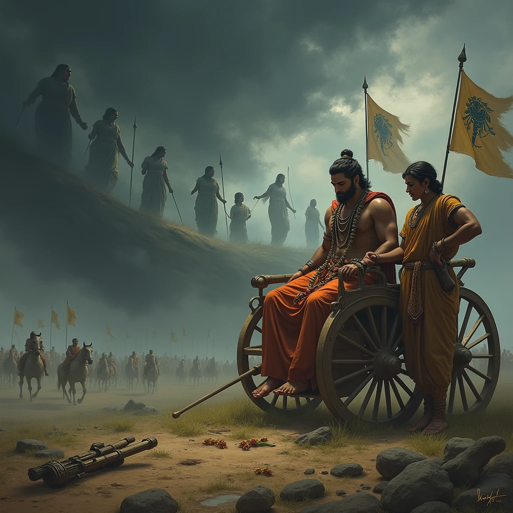 Arjuna sits solemnly in his chariot, his expression filled with deep sorrow and inner conflict. His bow is lowered, reflecting his reluctance to fight. Surrounding him on the battlefield are ethereal images of families—women, children, and elders—fading into the mist, symbolizing the destruction of the family lineage. Krishna stands beside Arjuna, his hand gently resting on Arjuna's shoulder, his face calm yet compassionate. The sky above is dark and ominous, with swirling clouds that mirror Arjuna's turbulent emotions. The ground is scattered with broken symbols of tradition, such as torn banners and shattered ancestral crests, highlighting the devastating consequences of the impending war