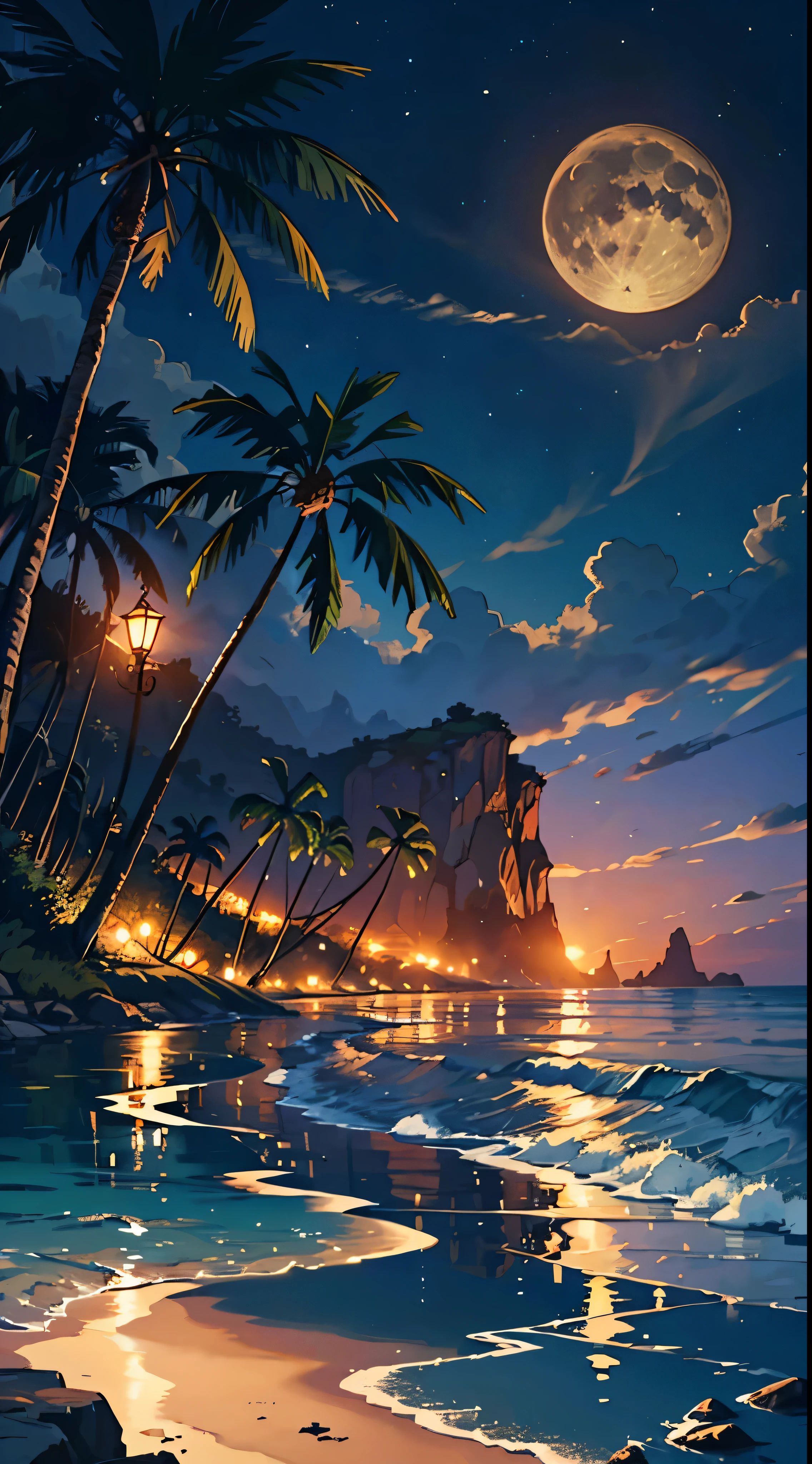 (best quality, 4k, 8k, highres, masterpiece:1.2), ultra-detailed, (realistic, photorealistic, photo-realistic:1.37), A serene and mystical night beach scene, full moon illuminating the sky, reflections on the gentle waves, surrounded by silhouetted palm trees, distant cliffs