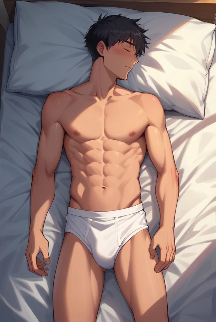 A young slender and mascular man in his tighty whities is sleeping on his bed. He is wetting his bed. Hia pee is leaking out from his tighty whities. He is still sleeping peacefully. Morning. Anime.