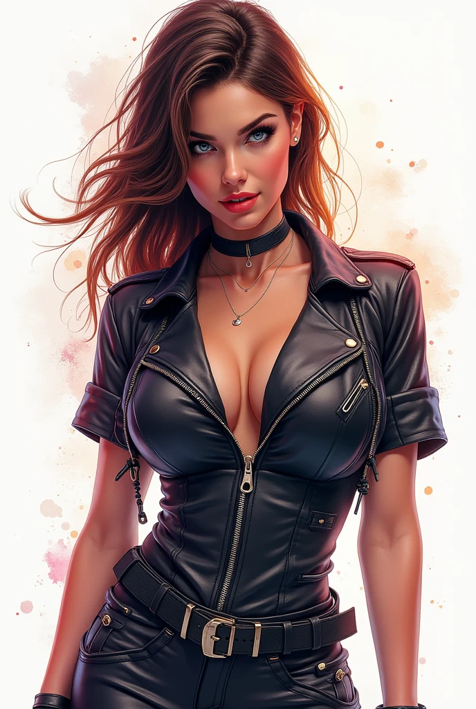 (best quality,realistic),young woman,athletic, wide hips, long legs, exceptionally big bust,cute face,beautiful detailed eyes,beautiful detailed lips,extremely detailed eyes and face,long eyelashes,business outfit,angry expression,pen leaked,[black ink splatter],ultra-detailed,ultra-fine painting,professional,vivid colors,studio lighting, full body shot, show all of her head to toe, comically angry