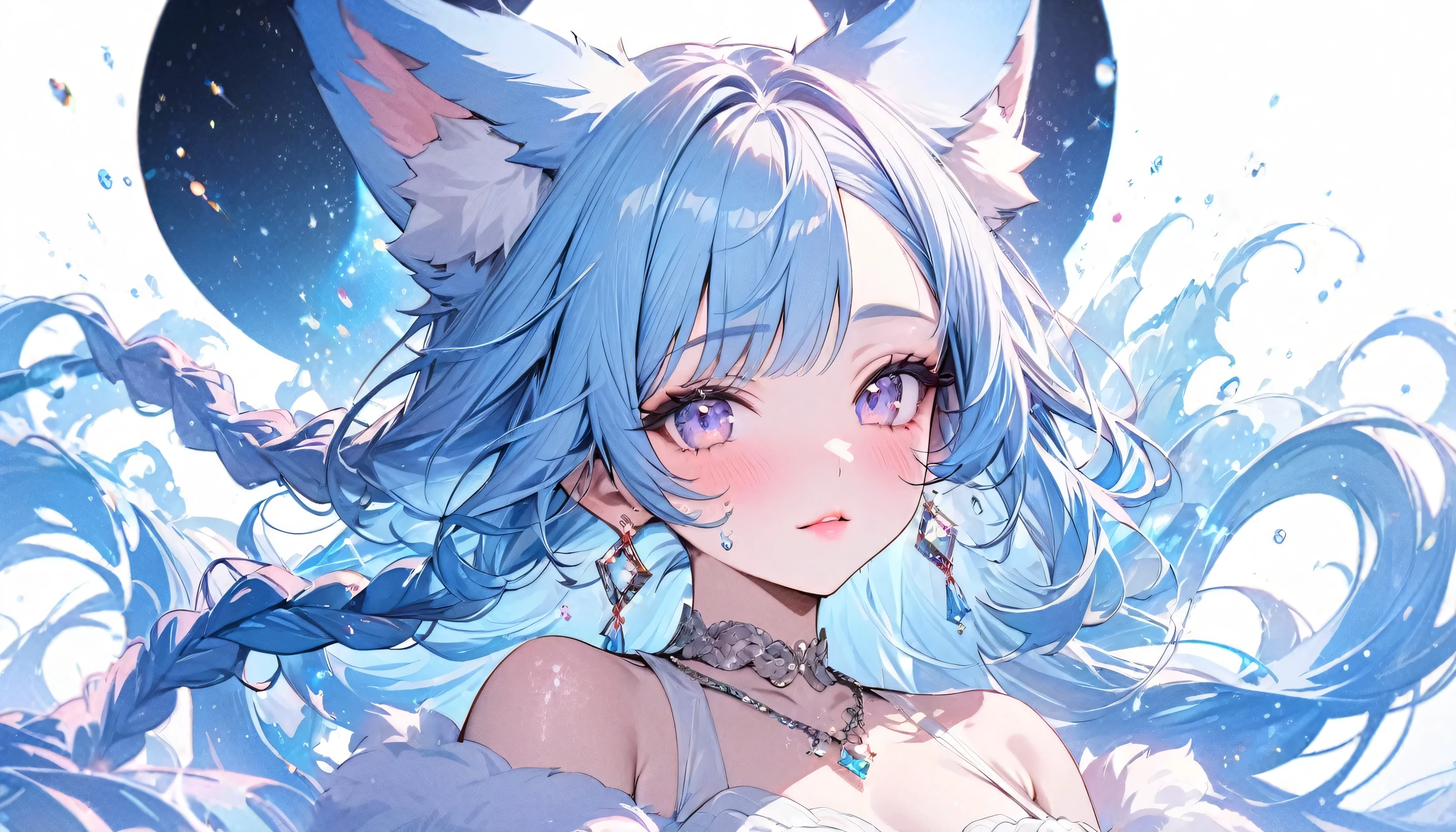 masterpiece, Highest quality, High resolution, (White Background: 1.4), [Glitter], [Looking at the audience, Portraiture, 1. Cute Chinese], (Long Hair, Blue Hair, Wave Curl, Multicolored Twisted Big Braid: 1.3, Fluffy fox ears,), White off-the-shoulder short sleeves, Delicate facial features, Pink Lips, Earrings, necklace