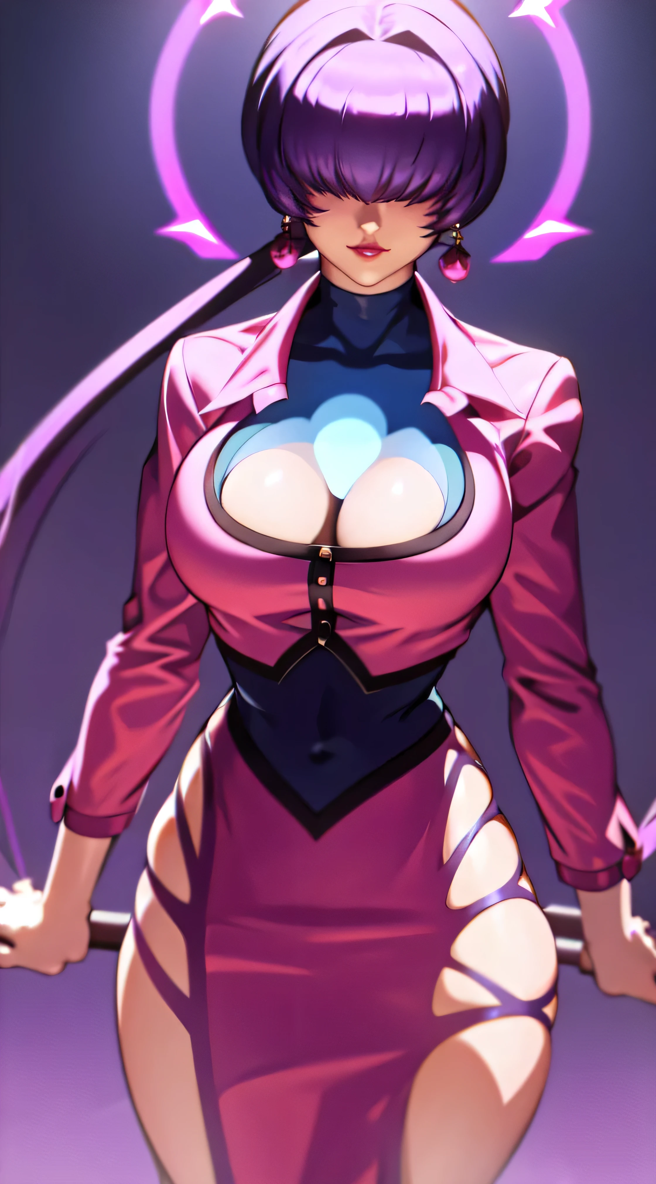 (night),in a video game scene with a neon background and a neon light,
Standing at attention,
pink outfit,pink jacket,choker, cleavage cutout, clothing cutout, 
earrings,
 purple hair,bangs,((hair over eyes)),
1 girl, 20yo,Young female,Beautiful Finger,Beautiful long legs,Beautiful body,Beautiful Nose,Beautiful character design, perfect face,
looking at viewer,(Focus on her face),closed mouth,evil_Smile,
official art,extremely detailed CG unity 8k wallpaper, perfect lighting,Colorful, Bright_Front_face_Lighting,shiny skin,
(masterpiece:1.0),(Best_quality:1.0), ultra high res,4K,ultra-detailed,
photography, 8k, HDR, highres, absurdres:1.2, Kodak portra 400, film grain, blurry background, bokeh:1.2, lens flare, (vibrant_Farbe:1.2),professional photograph,
(Beautiful,large_Breasts:1.4), (beautiful_face:1.5),(narrow_waist),Embodiment of evil